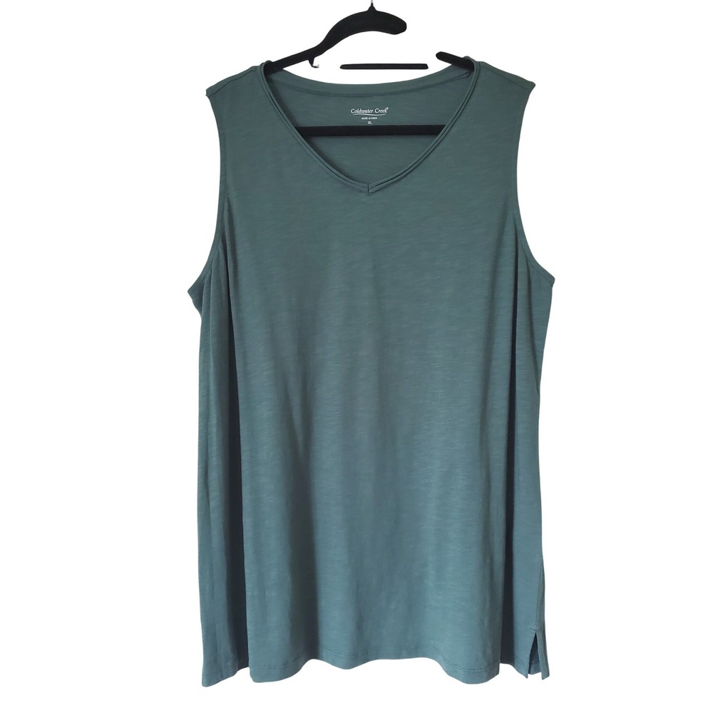 Coldwater Creek Womens XL Green Cotton Modal Slub V-Neck Tunic Top Side Slit